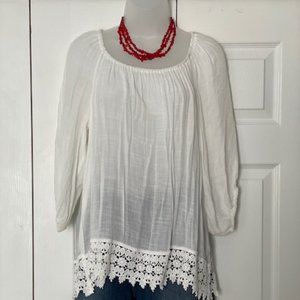 Bobeau Gauzy White Blouse Top w/ Crochet Trim NWT